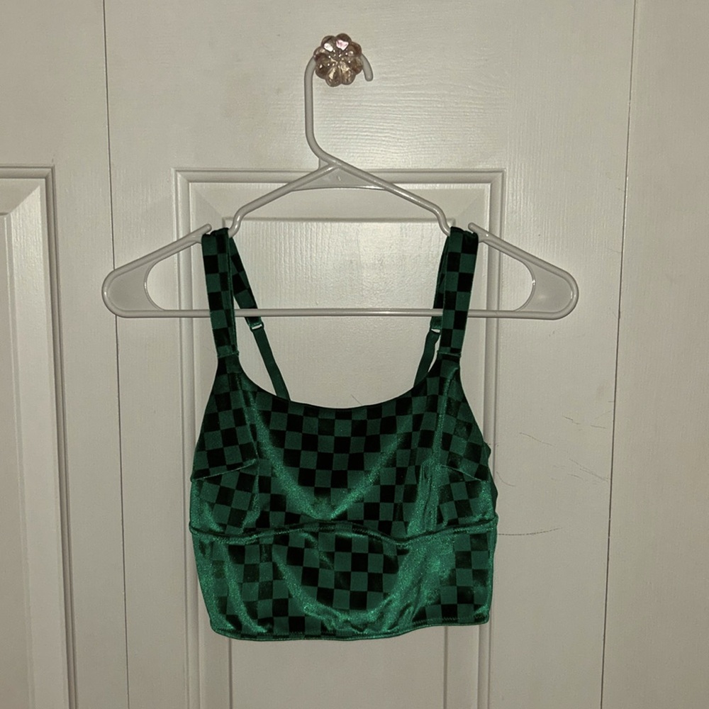 This is a checkered dark green crop top! It has a velvet texture but very cute!